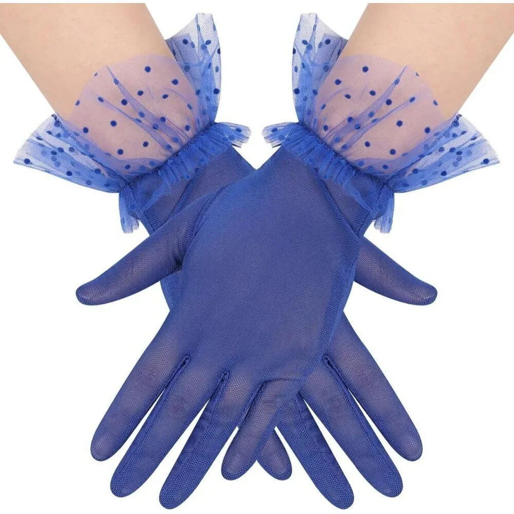 Women's Short Lace Royal Blue Sheer Mesh Tea Party Prom Gloves Banquet Costume